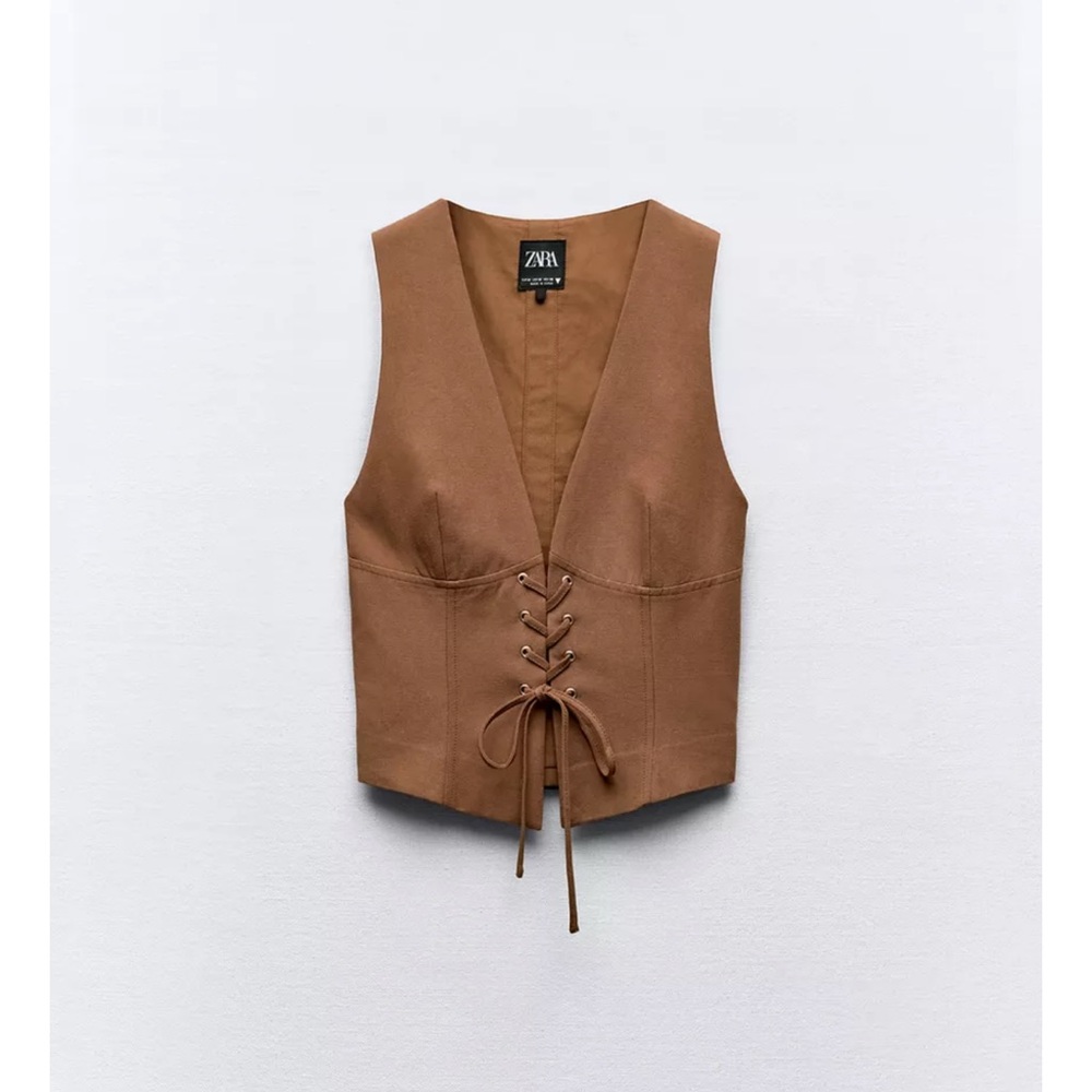 Zara Tan Lace-Up Vest Blouse